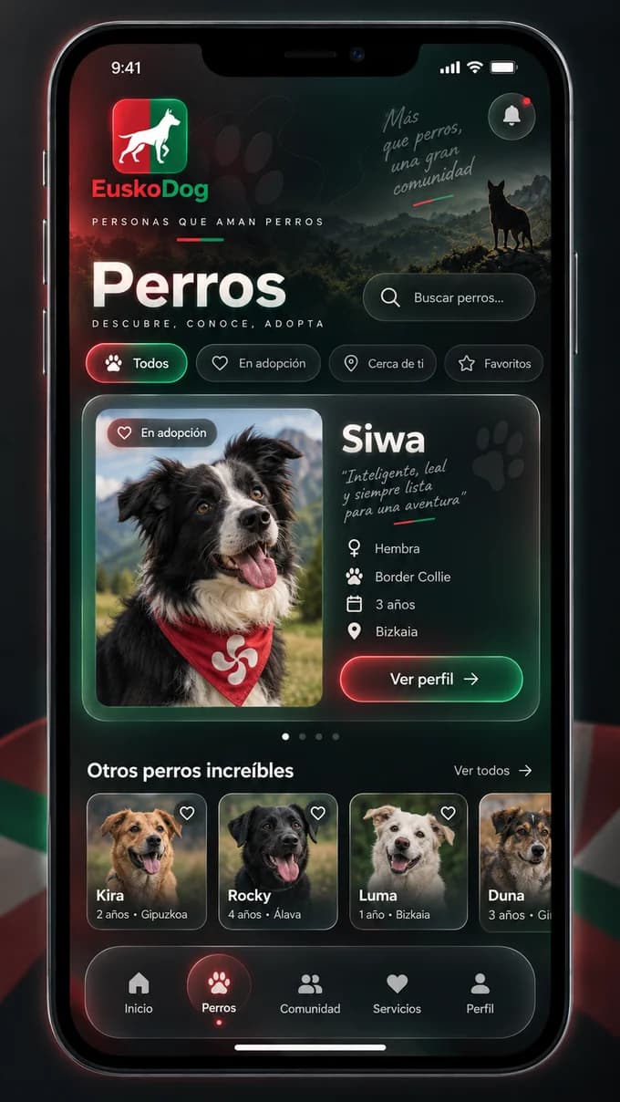 Prototipo conceptual de la sección Perros en modo oscuro; perfiles de ejemplo