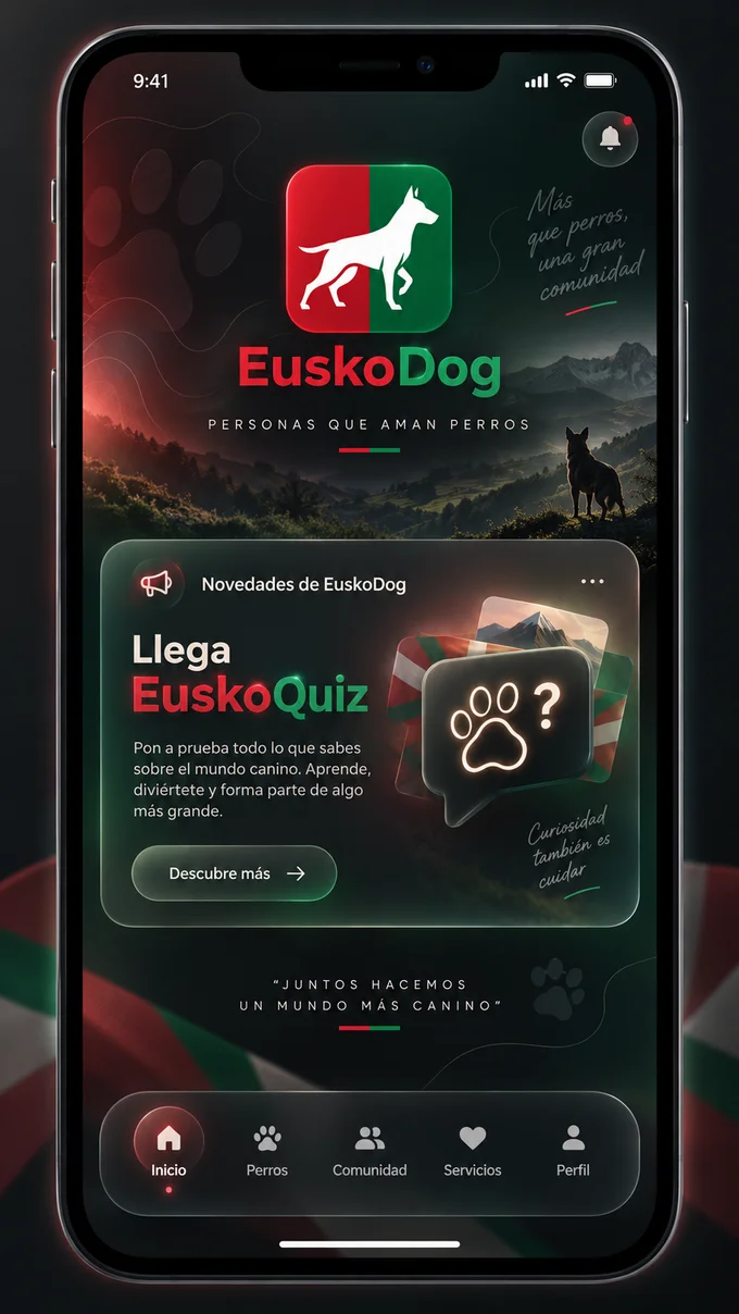 Prototipo conceptual del inicio de EuskoDog en modo oscuro